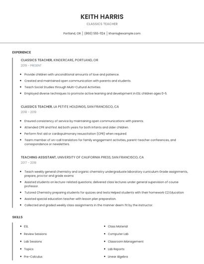 Classics Teacher Resume