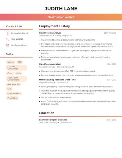 Classification Analyst Resume