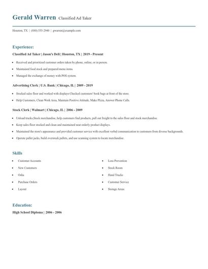 Classified Ad Taker Resume