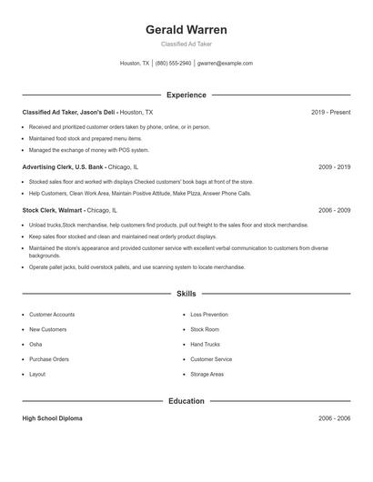 Classified Ad Taker Resume