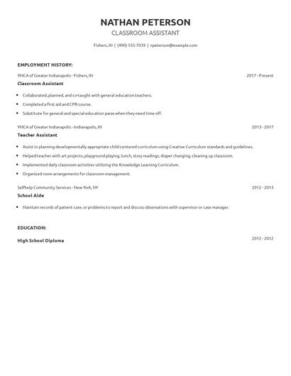 Classroom Assistant Resume