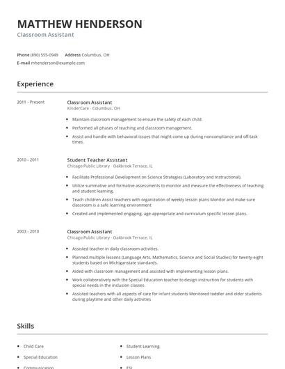 Classroom Assistant Resume
