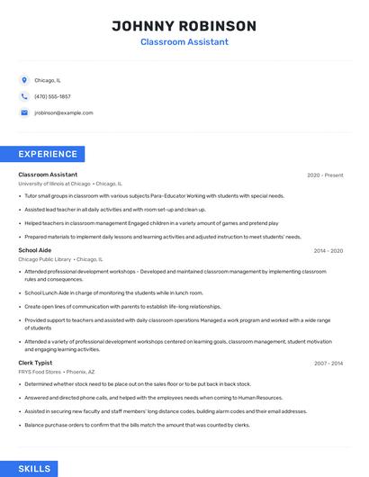 Classroom Assistant Resume