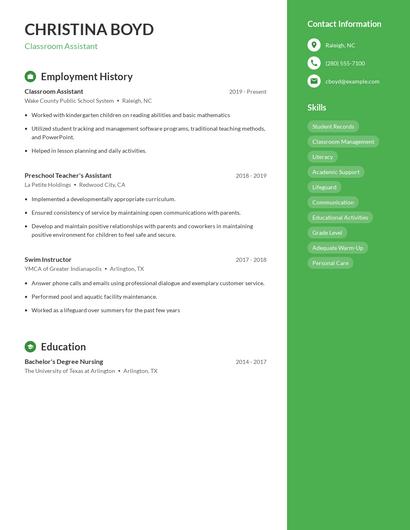Classroom Assistant Resume