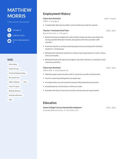 Classroom Assistant Resume