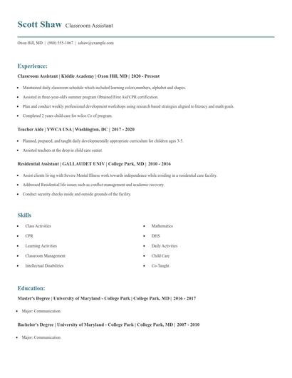 Classroom Assistant Resume