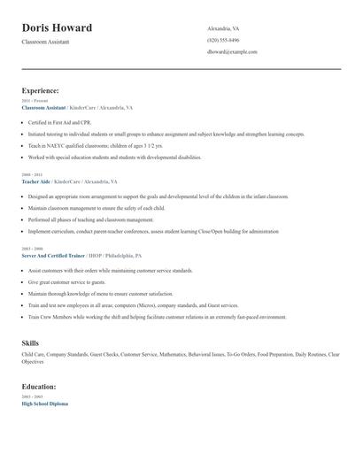 Classroom Assistant Resume