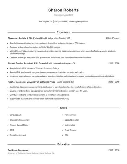 Classroom Assistant Resume