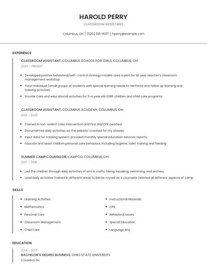 Classroom Assistant Resume
