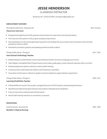 Classroom Instructor Resume