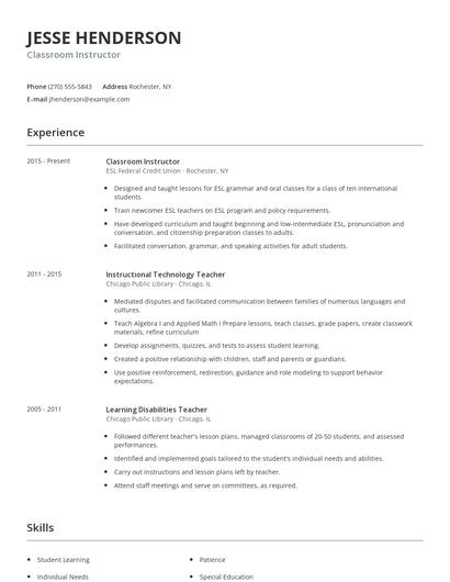 Classroom Instructor Resume