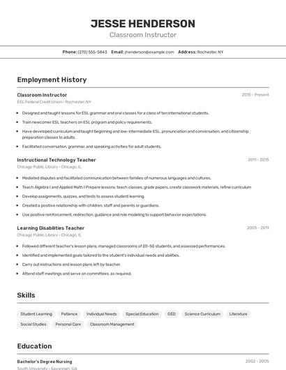 Classroom Instructor Resume