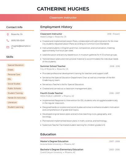 Classroom Instructor Resume