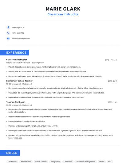 Classroom Instructor Resume