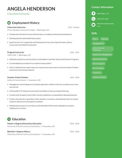 Classroom Instructor Resume