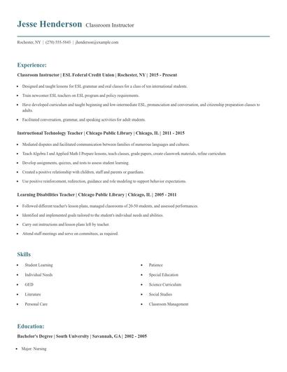 Classroom Instructor Resume