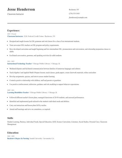 Classroom Instructor Resume