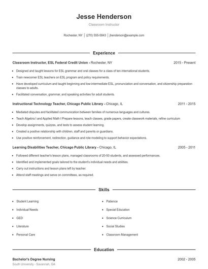 Classroom Instructor Resume