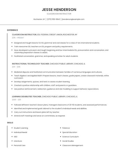 Classroom Instructor Resume