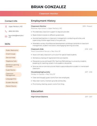 Classroom Monitor Resume