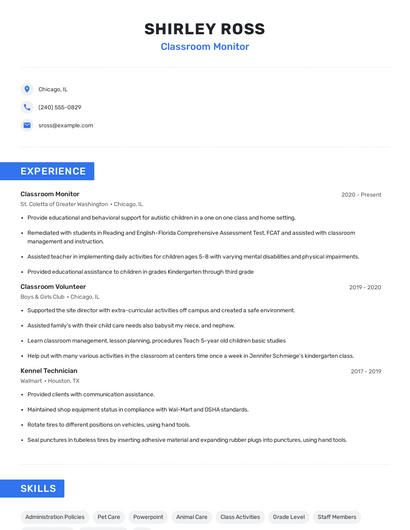 Classroom Monitor Resume