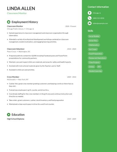 Classroom Monitor Resume