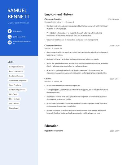 Classroom Monitor Resume