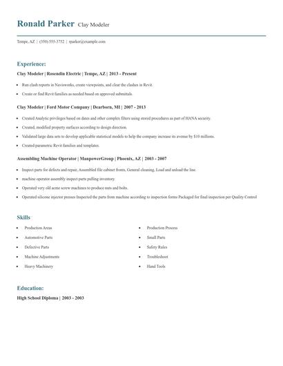 Clay Modeler Resume