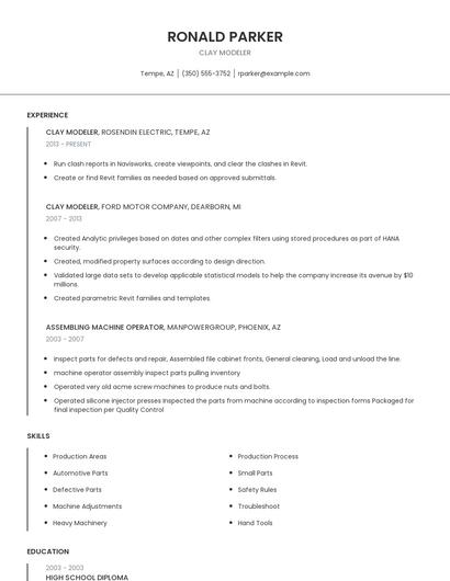 Clay Modeler Resume