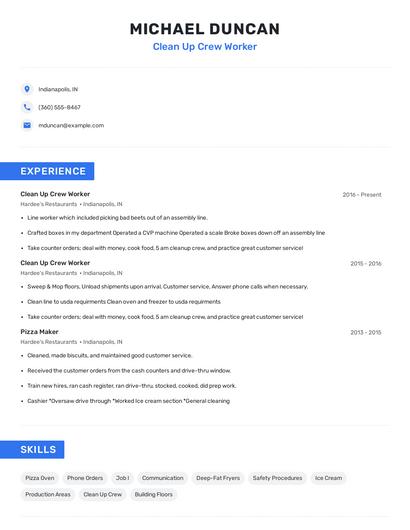 Clean Up Crew Worker Resume