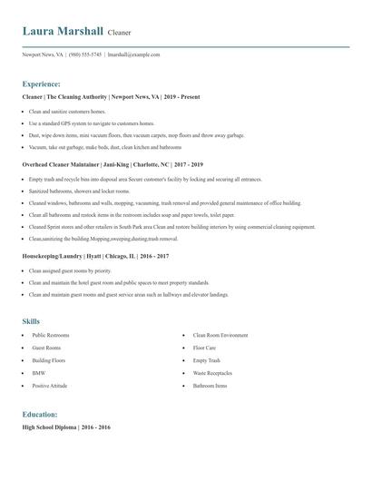 Cleaner Resume