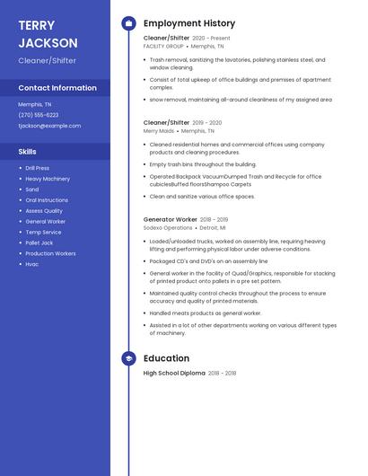 Cleaner/Shifter Resume