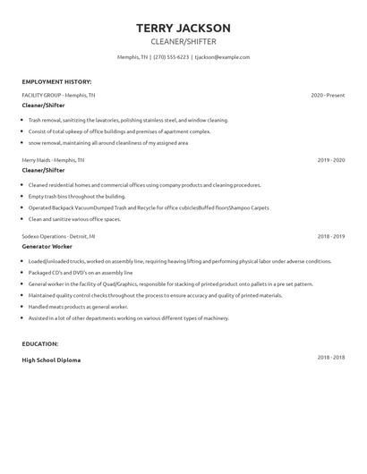 Cleaner/Shifter Resume