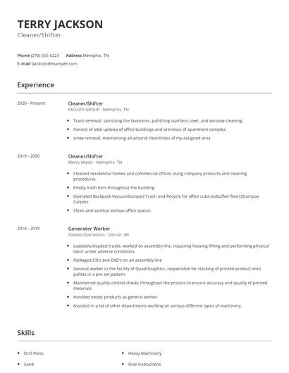 Cleaner/Shifter Resume