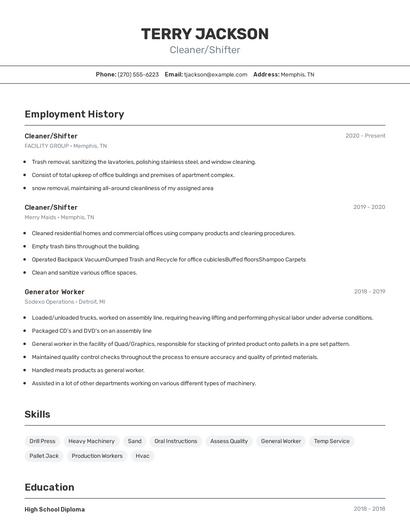 Cleaner/Shifter Resume