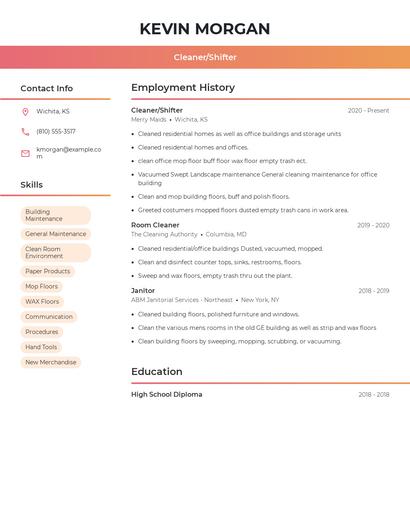 Cleaner/Shifter Resume