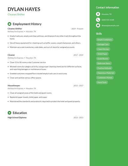 Cleaner/Shifter Resume