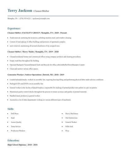Cleaner/Shifter Resume