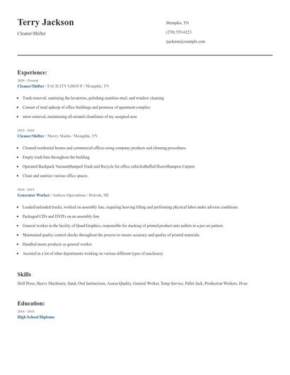 Cleaner/Shifter Resume