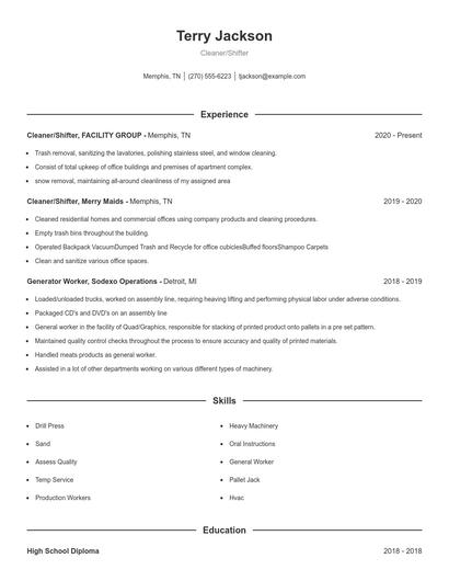 Cleaner/Shifter Resume