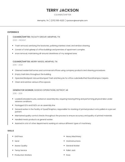 Cleaner/Shifter Resume