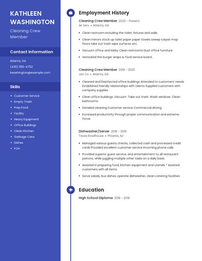 Cleaning Crew Member Resume
