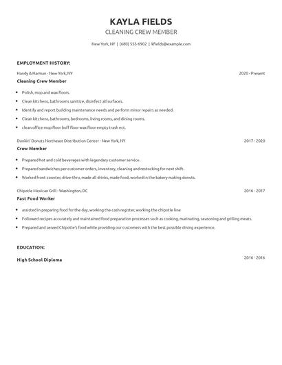 Cleaning Crew Member Resume