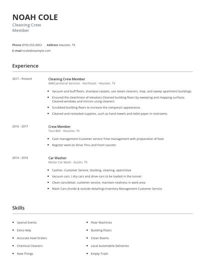 Cleaning Crew Member Resume
