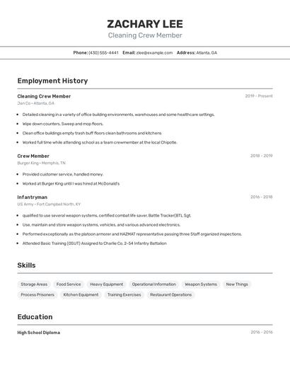 Cleaning Crew Member Resume