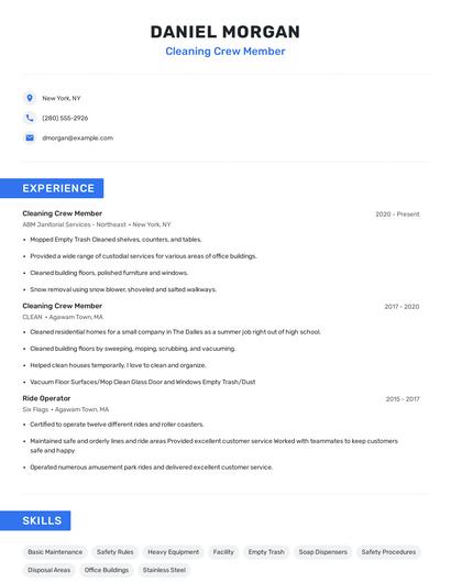Cleaning Crew Member Resume