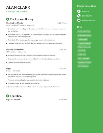 Cleaning Crew Member Resume