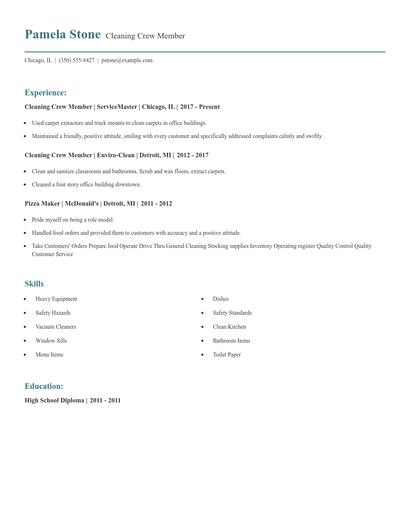 Cleaning Crew Member Resume