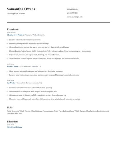 Cleaning Crew Member Resume