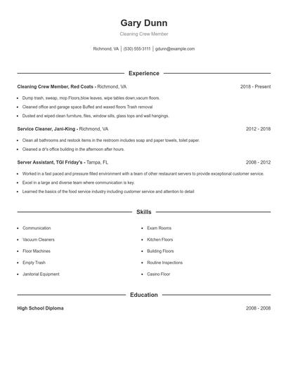Cleaning Crew Member Resume